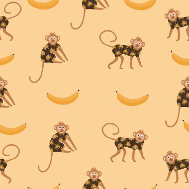Renkli tulumlu ve sarı muzlu komik gözlü sevimli maymun. El yapımı hayvanlar ve meyve vektör çizimleri. Bebek pürüzsüz desen.