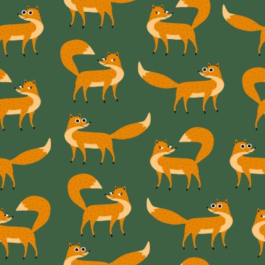 Yeşil arka planda komik gözleri olan sevimli kızıl tilki. Sevimli karakter el çizimi vektör çizimi. Orman hayvanı kusursuz desen.