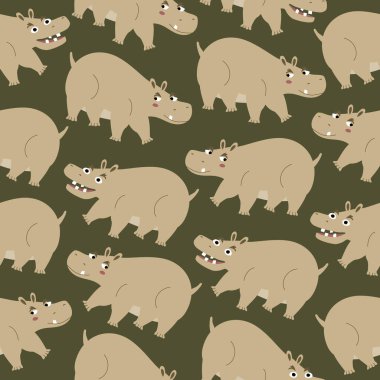 Komik gözlü sevimli ve tüyler ürpertici su aygırları. Safari hayvanları elle çizilmiş vektör çizimi. Sevimli bebek karakteri. Afrika suaygırı kusursuz desen.