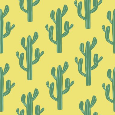 Sarı arka planda yeşil kaktüs çizilmiş vektör çizimi. Meksika kaktüsü grafik baskısı. Çizgi film bitkileri kusursuz desen.
