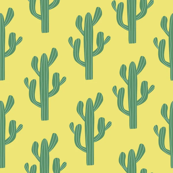 Sarı arka planda yeşil kaktüs çizilmiş vektör çizimi. Meksika kaktüsü grafik baskısı. Çizgi film bitkileri kusursuz desen.