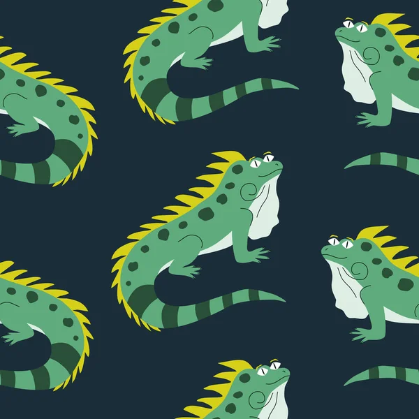 Niedliche Grüne Leguane Mit Lustigen Augen Handgezeichnete Vektorillustration Entzückende Eidechsenzeichentrickfigur — Stockvektor