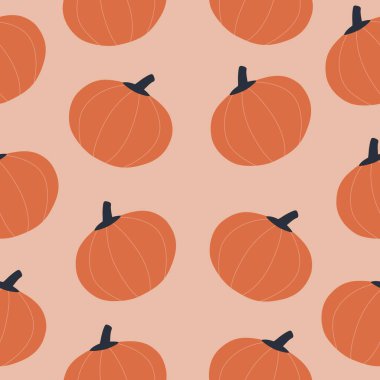 Pembe arka planda soyut turuncu balkabakları. Mevsimlik sebzeler el yapımı vektör çizimi. Renkli Cadılar Bayramı baskısı. Sonbahar pürüzsüz desen.