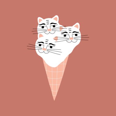 Şirin beyaz dondurma kedileri el çizimi vektör çizimi. Neşeli komik kedi kafası. Tatlı yemek logoları için izole kedi karakteri.