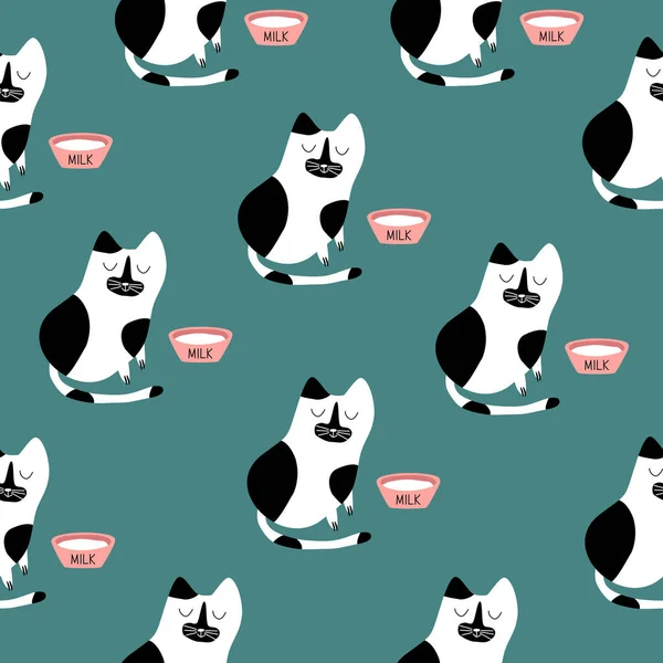 Χαριτωμένο Μαύρο Και Άσπρο Γάτα Και Μπολ Γάλα Αστεία Ζώα — Διανυσματικό Αρχείο