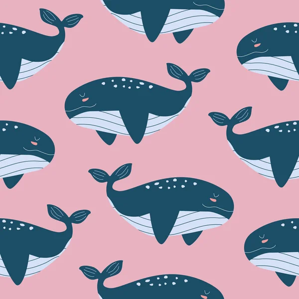 Cute cartoon blue whales on a pink background. Wild ocean animals hand drawn vector illustration. Seamless pattern for children.