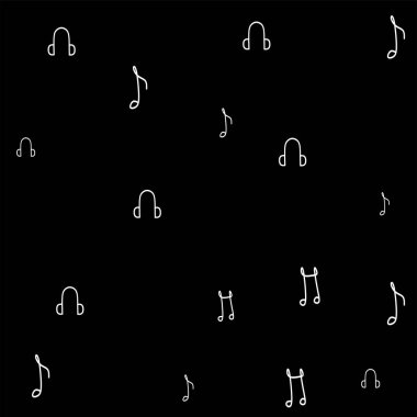 Müzikal elementlerin çizim vektör grafiği kusursuz desen. Siyah arka plan. Tasarım şablonları, sunum kapakları, tasarım kapakları vs. için mükemmel.