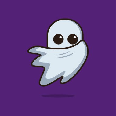 Yüzünü saklayan komik bir hayaletin illüstrasyon çizelgesi. Mor arka plan. Cadılar Bayramı kostümleri ve Cadılar Bayramı temalı kitap kapakları için..