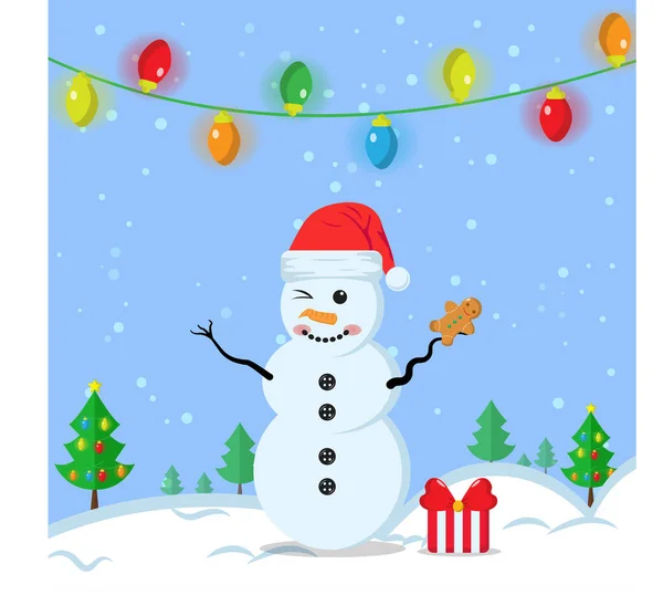 Illustration Vector Graphic Cartoon Cute Snowman Wearing Santa Claus Hat — Stock Vector