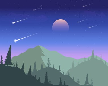 Tam yıldızlı bir gece siluetinin görüntü vektörü grafiği. Mavi eğimli arka plan. Doğal manzara kitabı kapağı için iyi, doğa severler topluluğu için iyi bir geçmiş.