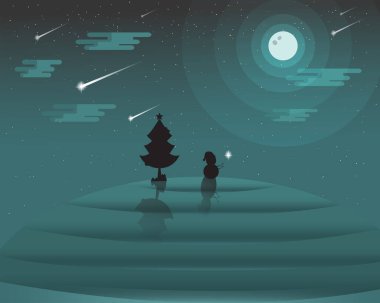 Vector illustration of snowman pray landscape silhouette on a hill with full moon and shooting stars. Blue gradient background. Fit for Christmas book covers and stickers for Christmas celebrations. clipart