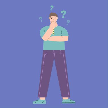 Çizgi film karakteri, düz dizaynda kafası karışmış bir şekilde tasvir edilmiş. İş konsepti. Mavi arka plan. Ticaretin tanıtımı, yönetimi ve pazarlaması için mükemmel.