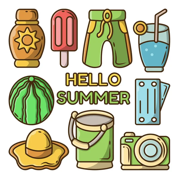 Conjunto Herramientas Verano Dibujadas Mano Garabato Dibujos Animados Con Pancarta — Vector de stock