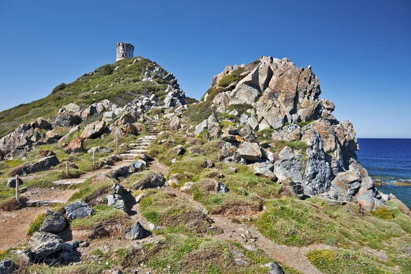 Walk pass to Genoese Tower of Parata Pointe in Corsica — Stock Photo, Image