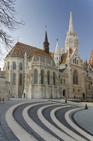 Matthias kyrkan med promenad kullersten steg på förgrunden — Stockfoto