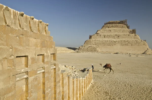 Pyramid of Djoser and Temple Wall with Cobras in Saqqara Royalty Free Stock Images