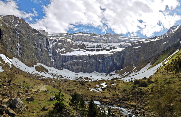 Panorama of Gavarnie Circus with waterfalls, glacier and rivers 