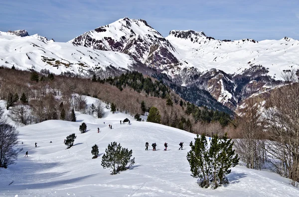 Cross country kayak ve Kış etkinliği hiking Somport geçmek için — Stok fotoğraf