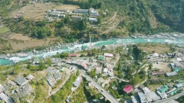 Harsil Village Aerial View Localizado Nas Margens Rio Bhagirathi Local — Vídeo de Stock