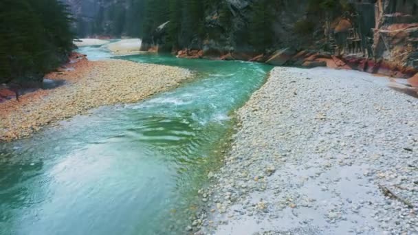 印度Uttarakhand邦Harsil谷地 Bhagirathi河流淌在被沙子 小卵石和松树环绕的岩石中间 — 图库视频影像