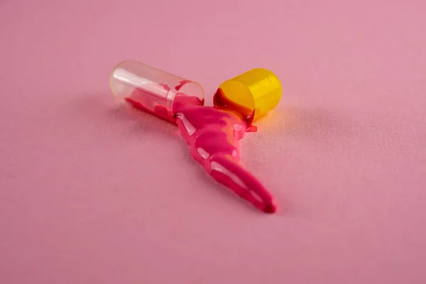 Creative Layout Open Pill Dripping Paint Macro Shot — Stock Photo, Image