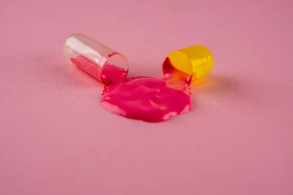 Creative Layout Open Pill Dripping Paint Macro Shot — Stock Photo, Image