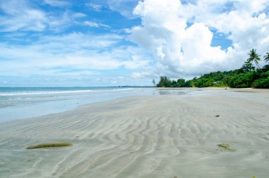 Uzun ıslak kum yansımaları, dalgalı bulutlar ve uzaklarda ince bir ağaç hattı olan boş kıyı şeridi, Kuala Penyu, Sabah, Malezya