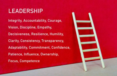 Liderlik manşeti kırmızı kapaklı ahşap merdiven, otoriteyi, yönü ve başarıya giden yolu vurguluyor.