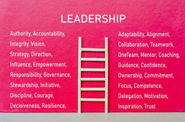 Liderlik vasıfları kırmızı kapakta, bir organizasyon içinde vizyon, doğruluk ve nüfuzu vurgulayan ahşap merdiven içerir.