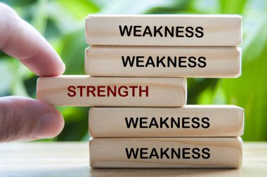 Zayıflık ve dayanıklılık, kendini geliştirme yoluyla zayıflığı güce dönüştüren tahta bloklar üzerine yazılmış.