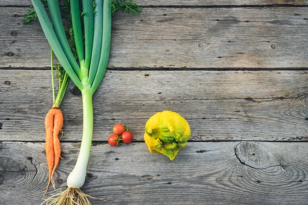 Verduras feas de moda en madera de granero — Foto de Stock