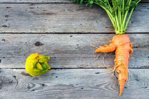Trendige hässliche Karotte und Zitrone auf Scheunenholz — Stockfoto