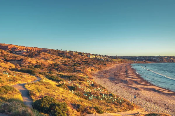 Coastal View Hallett Cove Beach Houses Sunset Sugarloaf Visible Left — Stock Photo, Image