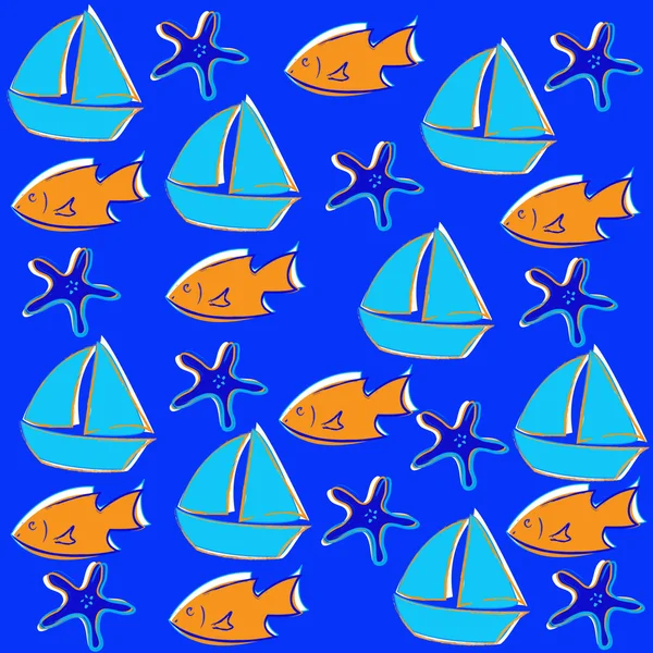 Figure navire, poisson, mer — Image vectorielle