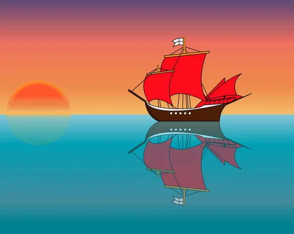 Barco en el océano al atardecer . — Vector de stock