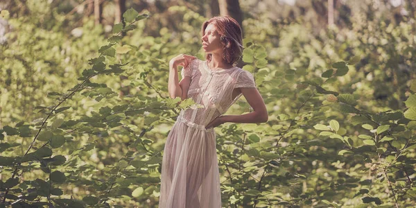 Girl Lace Dress Background Bright Foliage Forest — Φωτογραφία Αρχείου