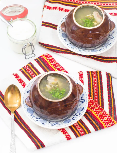 Geleneksel Ukrayna yeşil kuzukulağı çorbası — Stok fotoğraf