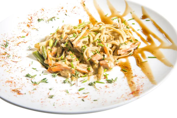 Noodles under white sauce — Stock Photo, Image