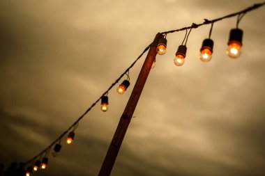 Alacakaranlıkta ağaçtan sarkan ipe bağlı ampuller