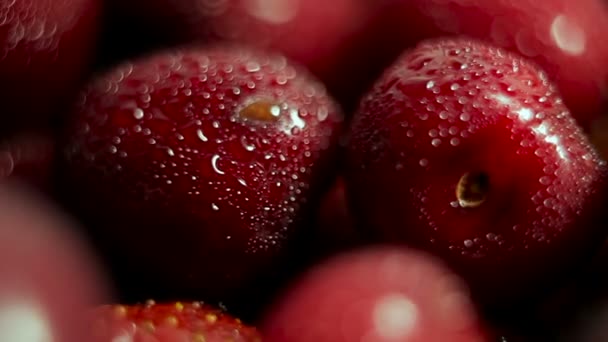 Cerezas rojas con gotas de agua. de cerca . — Vídeos de Stock