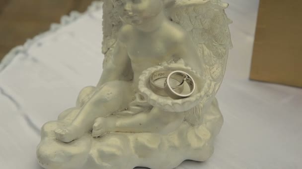 Statue of an angel with wedding rings-Close up with slider — Stock Video