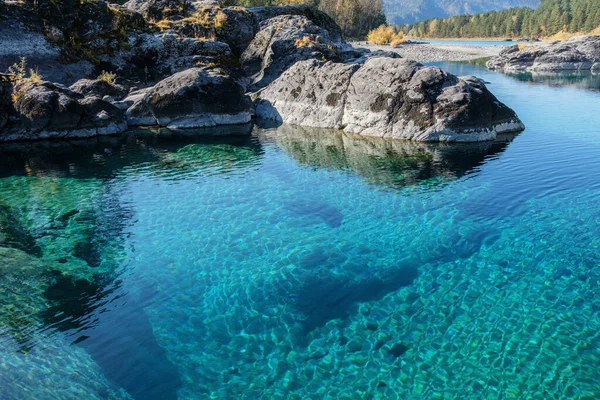 Katun nehrinin mavi ve şeffaf suları, mavi göller, Altai.