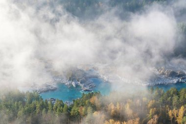 Katun nehri vadisinde sis, tepeden manzara. Sonbahar Altai.