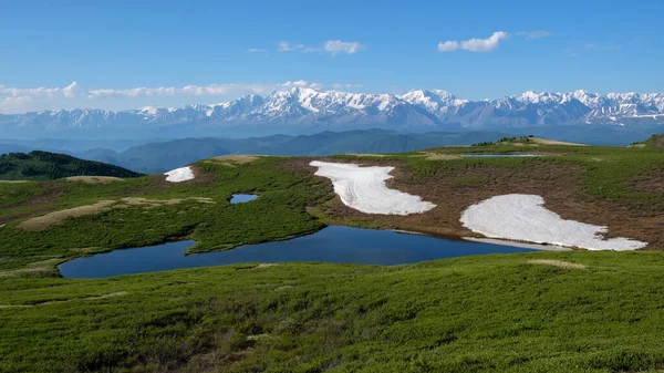 Dağdaki bir platoda çözülmüş bir göl. Karlı bir tepenin manzarası, dağ Altai.