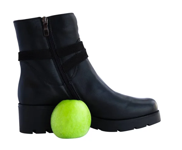 Black Boot Green Apple Isolate — Stock Photo, Image