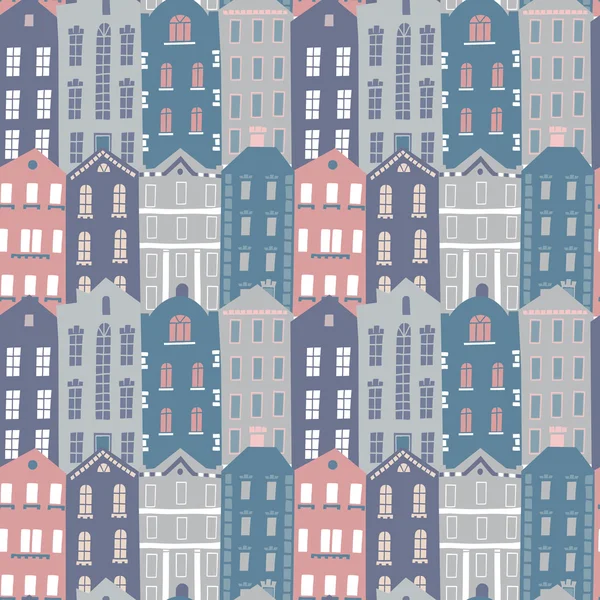 Elle çizilmiş Dikişsiz desen renkli evleri ile — Stok Vektör