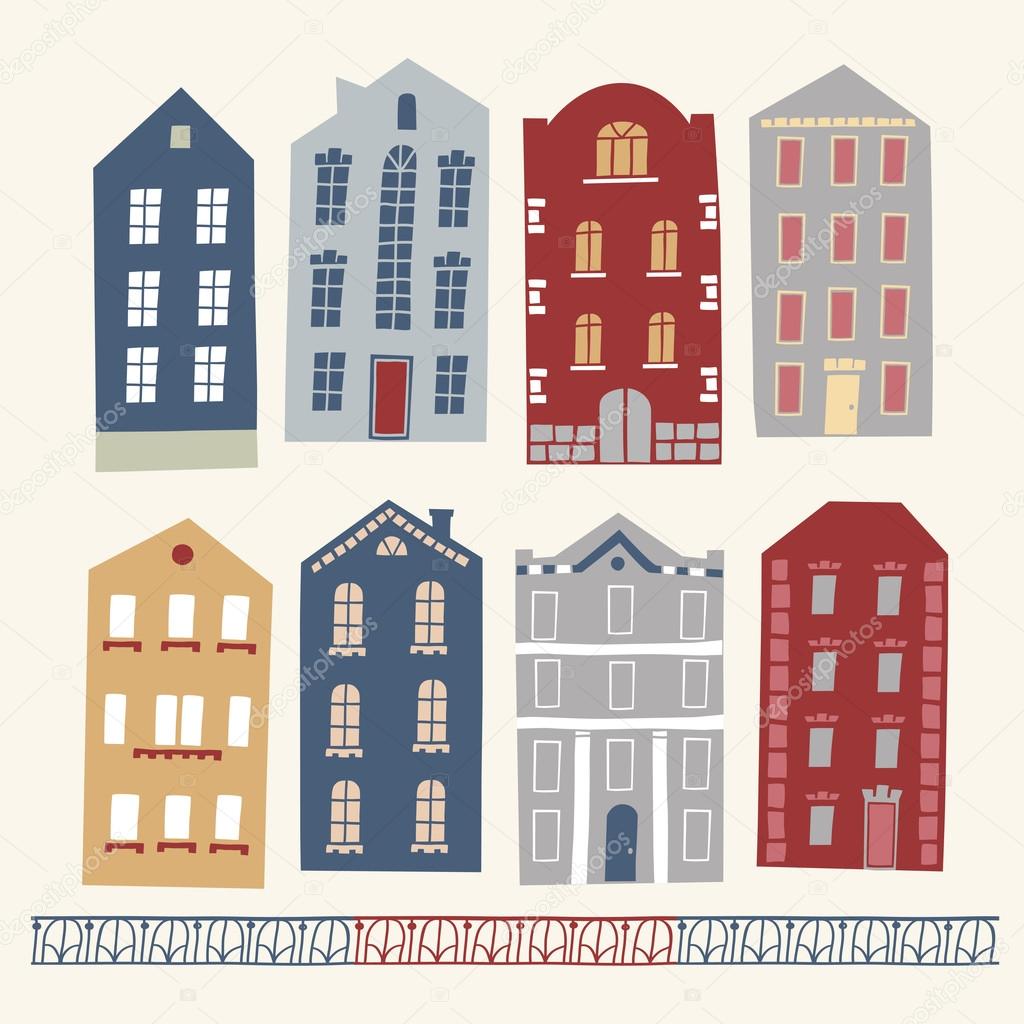 Insieme di edifici in stile europeo variopinti del fumetto Case in stile infantile per il vostro disegno — Vettoriali di shtonado