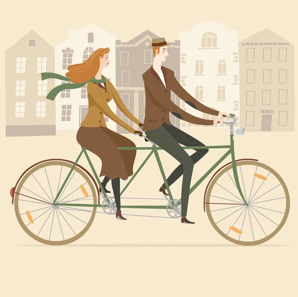 Elegancki stary styl tandem rowerzystów ilustracji — Wektor stockowy