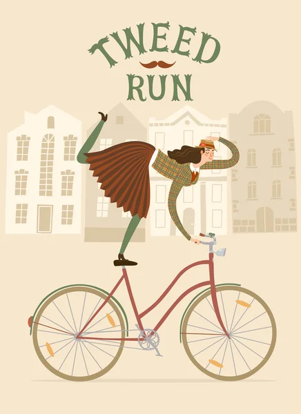 Ciudad mujer ciclista vector Tweed Ejecutar ilustración — Vector de stock