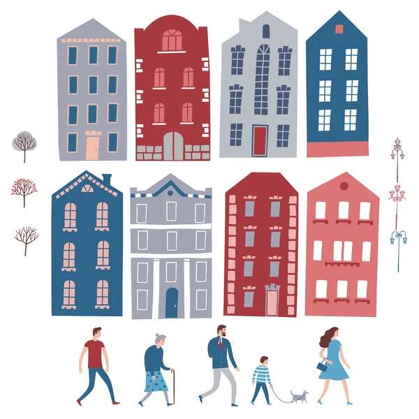 Constructeur de ville avec maisons, personnes, arbres, lampadaires . — Image vectorielle